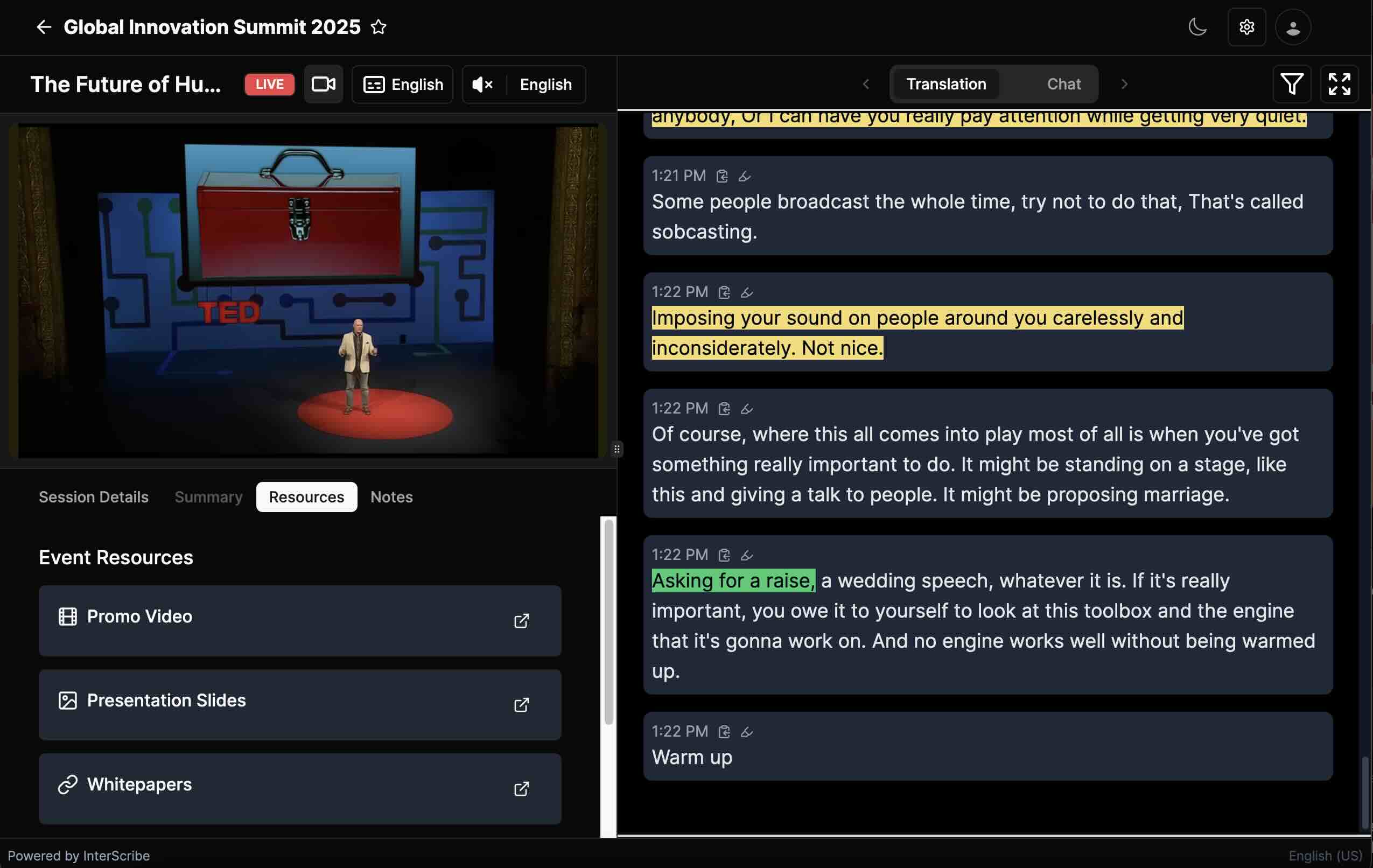Event control room with a live multilingual presentation